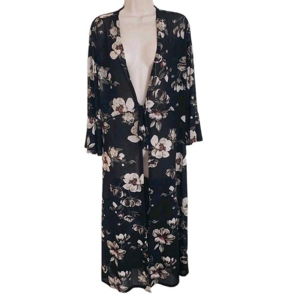 EMBER FLORAL SHEER OPEN FRONT LONG SLEEVE SIDE SLIT KIMONO COVER XLARGE